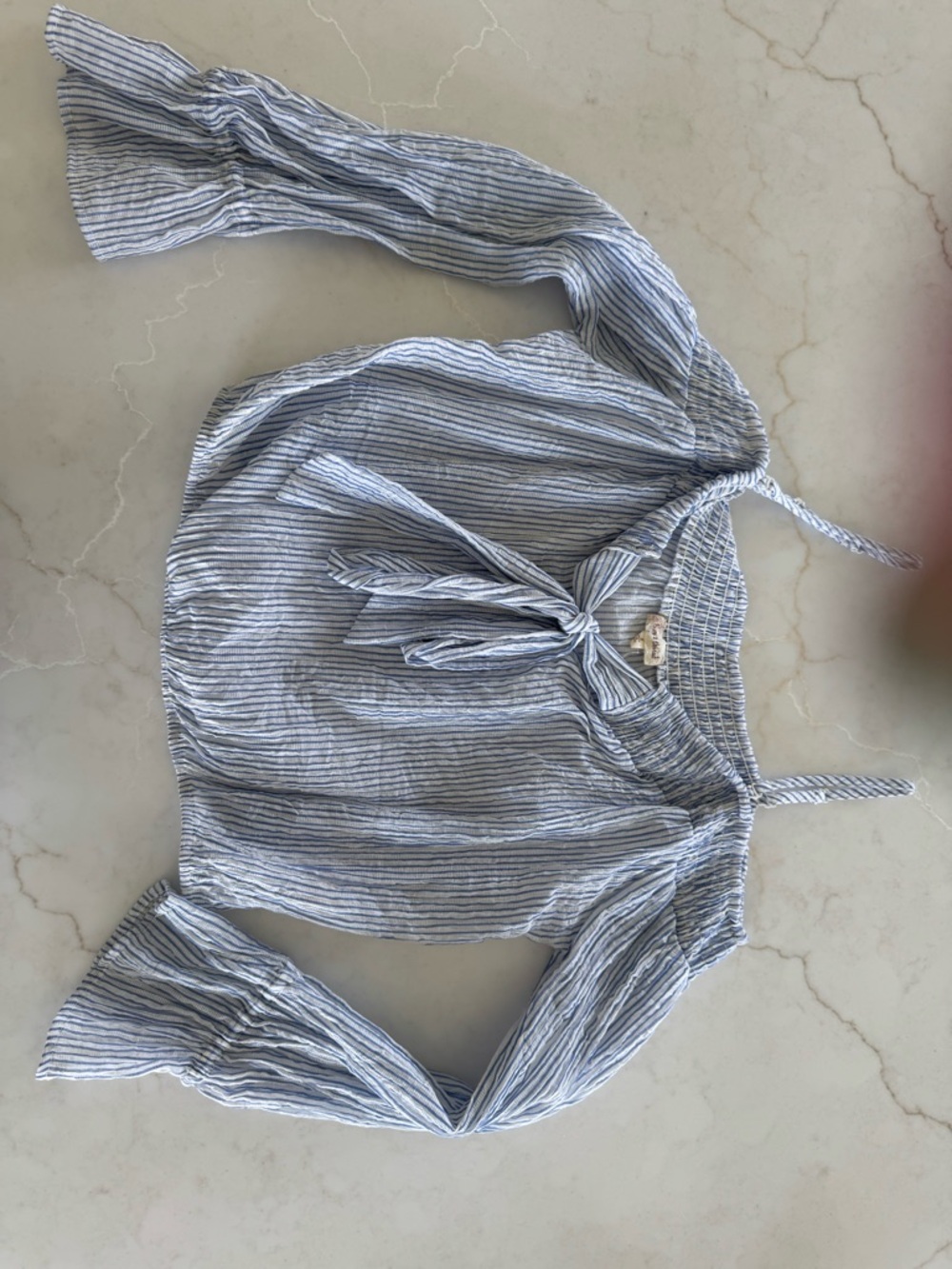 Hem & Thread Blue and White Striped Tie-Front Off-Shoulder Blouse